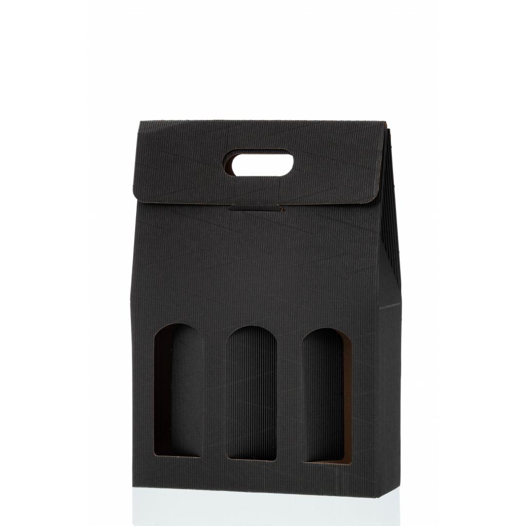 Corrugated, cardboard packaging - Cardboard packaging for three wine bottles BLACK