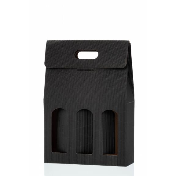 Corrugated, cardboard packaging - Cardboard packaging for three wine bottles BLACK